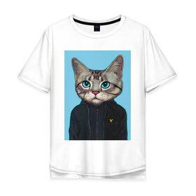 Мужская футболка хлопок Oversize с принтом Котэ в толстовке в Кировске, 100% хлопок | свободный крой, круглый ворот, “спинка” длиннее передней части | голова кошки | кот | кот в одежде | кот в толстовке | кот на спорте | коте | котейка | котэ | кошка | кошка в толстовке | реальный поцык