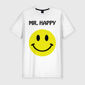 Мужская футболка премиум с принтом мистер счастье в Кировске, 92% хлопок, 8% лайкра | приталенный силуэт, круглый вырез ворота, длина до линии бедра, короткий рукав | happy | mr. happy | smile | мистер хэппи | рожица | смайл | смайлик | счастье
