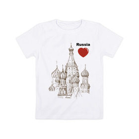 Детская футболка хлопок с принтом Люблю Россию (Кремль) в Кировске, 100% хлопок | круглый вырез горловины, полуприлегающий силуэт, длина до линии бедер | moscow | russia | государство | москва | патриот | родина | россия | страна | я русский
