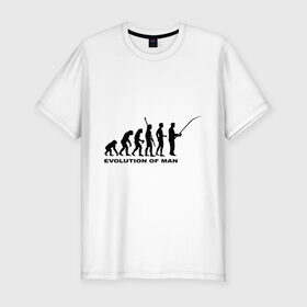 Мужская футболка премиум с принтом Рыбак. Эволюция в Кировске, 92% хлопок, 8% лайкра | приталенный силуэт, круглый вырез ворота, длина до линии бедра, короткий рукав | рыба | рыбак | рыбалка | удочка | эволюция