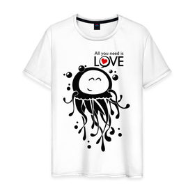 Мужская футболка хлопок с принтом Влюбленная медуза в Кировске, 100% хлопок | прямой крой, круглый вырез горловины, длина до линии бедер, слегка спущенное плечо. | Тематика изображения на принте: love | влюбленная медуза | любовь | медуза