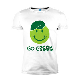 Мужская футболка премиум с принтом Грин смайл в Кировске, 92% хлопок, 8% лайкра | приталенный силуэт, круглый вырез ворота, длина до линии бедра, короткий рукав | Тематика изображения на принте: eco | go green | green | зеленые технологии | зелень | планета | смайл | смайлик | чистота | эко | экология