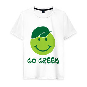 Мужская футболка хлопок с принтом Грин смайл в Кировске, 100% хлопок | прямой крой, круглый вырез горловины, длина до линии бедер, слегка спущенное плечо. | eco | go green | green | зеленые технологии | зелень | планета | смайл | смайлик | чистота | эко | экология