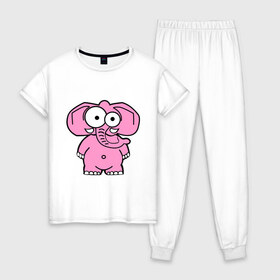 Женская пижама хлопок с принтом Розовый слон в Кировске, 100% хлопок | брюки и футболка прямого кроя, без карманов, на брюках мягкая резинка на поясе и по низу штанин | Тематика изображения на принте: смешной