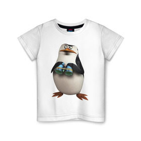 Детская футболка хлопок с принтом Пингвин с биноклем в Кировске, 100% хлопок | круглый вырез горловины, полуприлегающий силуэт, длина до линии бедер | Тематика изображения на принте: пингвин