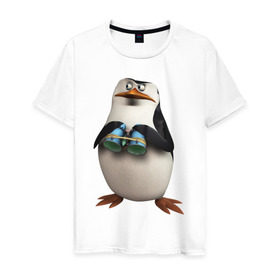 Мужская футболка хлопок с принтом Пингвин с биноклем в Кировске, 100% хлопок | прямой крой, круглый вырез горловины, длина до линии бедер, слегка спущенное плечо. | пингвин
