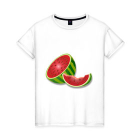 Женская футболка хлопок с принтом арбузик в Кировске, 100% хлопок | прямой крой, круглый вырез горловины, длина до линии бедер, слегка спущенное плечо | арбуз | арбузная долька | вкусное | девушкам | фрукты | фрукты и ягоды
