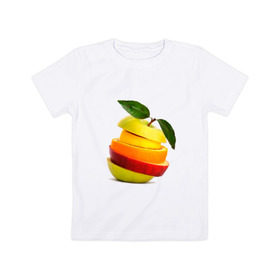 Детская футболка хлопок с принтом мега яблоко в Кировске, 100% хлопок | круглый вырез горловины, полуприлегающий силуэт, длина до линии бедер | Тематика изображения на принте: апельсин | брызги | вода | лимон | фрукты | яблоко