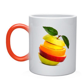 Кружка хамелеон с принтом мега яблоко в Кировске, керамика | меняет цвет при нагревании, емкость 330 мл | Тематика изображения на принте: апельсин | брызги | вода | лимон | фрукты | яблоко
