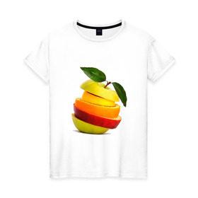 Женская футболка хлопок с принтом мега яблоко в Кировске, 100% хлопок | прямой крой, круглый вырез горловины, длина до линии бедер, слегка спущенное плечо | апельсин | брызги | вода | лимон | фрукты | яблоко