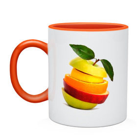 Кружка двухцветная с принтом мега яблоко в Кировске, керамика | объем — 330 мл, диаметр — 80 мм. Цветная ручка и кайма сверху, в некоторых цветах — вся внутренняя часть | Тематика изображения на принте: апельсин | брызги | вода | лимон | фрукты | яблоко