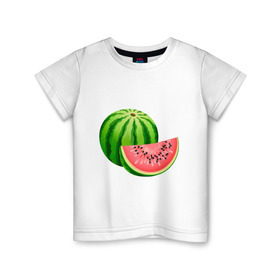 Детская футболка хлопок с принтом Арбуз и долька в Кировске, 100% хлопок | круглый вырез горловины, полуприлегающий силуэт, длина до линии бедер | арбуз | вкусное | девушкам | долька | фрукты | фрукты и ягоды
