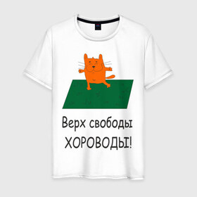 Мужская футболка хлопок с принтом Верх свободы - хороводы в Кировске, 100% хлопок | прямой крой, круглый вырез горловины, длина до линии бедер, слегка спущенное плечо. | газон | животные | кот | котяра | поляна | природа | танцует