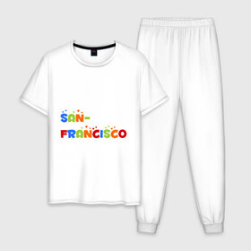 Мужская пижама хлопок с принтом Сан Франциско в Кировске, 100% хлопок | брюки и футболка прямого кроя, без карманов, на брюках мягкая резинка на поясе и по низу штанин
 | Тематика изображения на принте: san francisco | город | города | сан франциско