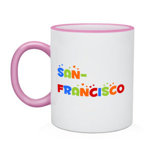 Кружка двухцветная с принтом Сан Франциско в Кировске, керамика | объем — 330 мл, диаметр — 80 мм. Цветная ручка и кайма сверху, в некоторых цветах — вся внутренняя часть | san francisco | город | города | сан франциско