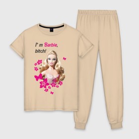 Женская пижама хлопок с принтом I\m Barbie, bitch в Кировске, 100% хлопок | брюки и футболка прямого кроя, без карманов, на брюках мягкая резинка на поясе и по низу штанин | Тематика изображения на принте: 90 | 90 е | barbie | барби | кукла | ностальгия