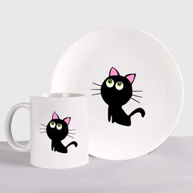 Набор: тарелка + кружка с принтом Маленький котенок в Кировске, керамика | Кружка: объем — 330 мл, диаметр — 80 мм. Принт наносится на бока кружки, можно сделать два разных изображения. 
Тарелка: диаметр - 210 мм, диаметр для нанесения принта - 120 мм. | Тематика изображения на принте: киса | котенок | котик | кошка | черная кошка | черный кот