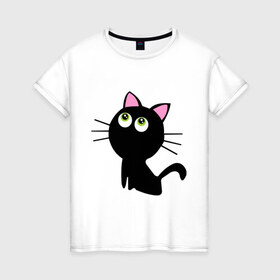 Женская футболка хлопок с принтом Маленький котенок в Кировске, 100% хлопок | прямой крой, круглый вырез горловины, длина до линии бедер, слегка спущенное плечо | киса | котенок | котик | кошка | черная кошка | черный кот