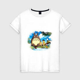 Женская футболка хлопок с принтом Тоторо и его друзья в Кировске, 100% хлопок | прямой крой, круглый вырез горловины, длина до линии бедер, слегка спущенное плечо | anime | totoro | аниме | анимэ. мой сосед тоторо | тоторо