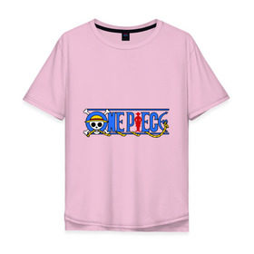 Мужская футболка хлопок Oversize с принтом логотип one piec в Кировске, 100% хлопок | свободный крой, круглый ворот, “спинка” длиннее передней части | anime | one piece | аниме | анимэ | большой куш | розовый череп | череп