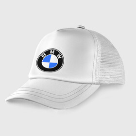 Детская кепка тракер с принтом Logo BMW в Кировске, Козырек - 100% хлопок. Кепка - 100% полиэстер, Задняя часть - сетка | универсальный размер, пластиковая застёжка | автобренды | автомобильные | бмв | лого | машина | тачка