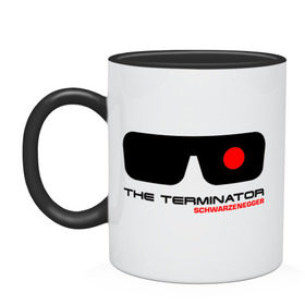 Кружка двухцветная с принтом The Terminator в Кировске, керамика | объем — 330 мл, диаметр — 80 мм. Цветная ручка и кайма сверху, в некоторых цветах — вся внутренняя часть | terminator | очки терминатор | терминатор | шварценеггер | шварцнеггер