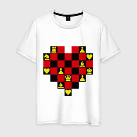 Мужская футболка хлопок с принтом Шахматное сердце в Кировске, 100% хлопок | прямой крой, круглый вырез горловины, длина до линии бедер, слегка спущенное плечо. | chess | i love chess | сердце | шахматы | я люблю шахматы