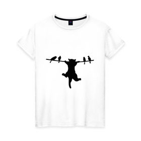 Женская футболка хлопок с принтом Котенок и птички в Кировске, 100% хлопок | прямой крой, круглый вырез горловины, длина до линии бедер, слегка спущенное плечо | 