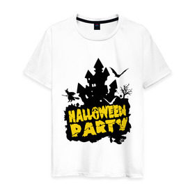 Мужская футболка хлопок с принтом Halloween party-замок в Кировске, 100% хлопок | прямой крой, круглый вырез горловины, длина до линии бедер, слегка спущенное плечо. | halloween | halloween party замок | party | замок | праздники | хэллоуин