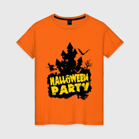 Женская футболка хлопок с принтом Halloween party-замок в Кировске, 100% хлопок | прямой крой, круглый вырез горловины, длина до линии бедер, слегка спущенное плечо | halloween | halloween party замок | party | замок | праздники | хэллоуин