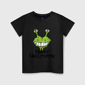 Детская футболка хлопок с принтом Happy Halloween -монстрик в Кировске, 100% хлопок | круглый вырез горловины, полуприлегающий силуэт, длина до линии бедер | Тематика изображения на принте: hallowen | helloveen | день всех святых | хэллоуин | хэлоуин