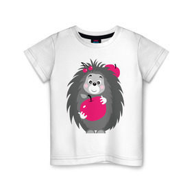 Детская футболка хлопок с принтом Ёжик держит яблоко в Кировске, 100% хлопок | круглый вырез горловины, полуприлегающий силуэт, длина до линии бедер | ежик | животные | милые создания