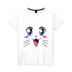 Женская футболка хлопок с принтом Японская кошечка в Кировске, 100% хлопок | прямой крой, круглый вырез горловины, длина до линии бедер, слегка спущенное плечо | аниме | глаза | глазки | девушкам | киса | кот | коте | котенок | кошечка | кошка | милые создания | мордочка | японская кошечка