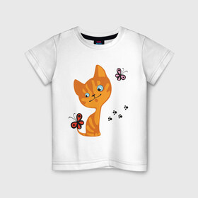 Детская футболка хлопок с принтом Котенок с бабочками в Кировске, 100% хлопок | круглый вырез горловины, полуприлегающий силуэт, длина до линии бедер | Тематика изображения на принте: для девушек | котенок | котенок с бабочкой | кошки
