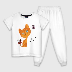 Детская пижама хлопок с принтом Котенок с бабочками в Кировске, 100% хлопок |  брюки и футболка прямого кроя, без карманов, на брюках мягкая резинка на поясе и по низу штанин
 | Тематика изображения на принте: для девушек | котенок | котенок с бабочкой | кошки