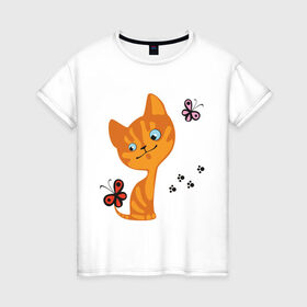 Женская футболка хлопок с принтом Котенок с бабочками в Кировске, 100% хлопок | прямой крой, круглый вырез горловины, длина до линии бедер, слегка спущенное плечо | для девушек | котенок | котенок с бабочкой | кошки