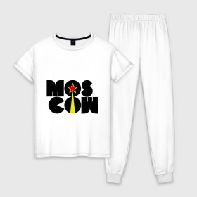 Женская пижама хлопок с принтом Mos-Cow в Кировске, 100% хлопок | брюки и футболка прямого кроя, без карманов, на брюках мягкая резинка на поясе и по низу штанин | mos cow | москва