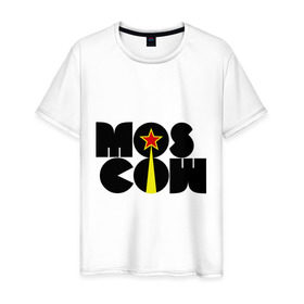 Мужская футболка хлопок с принтом Mos-Cow в Кировске, 100% хлопок | прямой крой, круглый вырез горловины, длина до линии бедер, слегка спущенное плечо. | mos cow | москва
