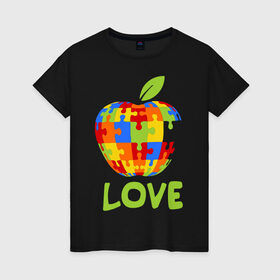 Женская футболка хлопок с принтом Apple пазл в Кировске, 100% хлопок | прямой крой, круглый вырез горловины, длина до линии бедер, слегка спущенное плечо | apple | love apple | люблю эппл | паззлы | яблоко