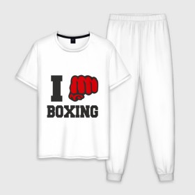 Мужская пижама хлопок с принтом i love boxing - я люблю бокс в Кировске, 100% хлопок | брюки и футболка прямого кроя, без карманов, на брюках мягкая резинка на поясе и по низу штанин
 | sport | боксер | боксировать | кулак | ринг | рука | спорт | спортсмен | удар