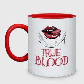 Кружка двухцветная с принтом true blood в Кировске, керамика | объем — 330 мл, диаметр — 80 мм. Цветная ручка и кайма сверху, в некоторых цветах — вся внутренняя часть | true blood | вампиры | настоящая кровь | сериалы | тв сериалы