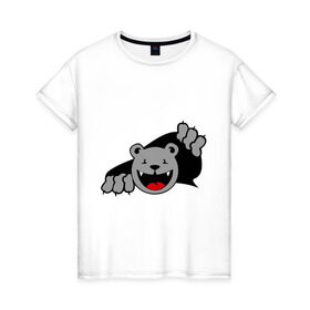 Женская футболка хлопок с принтом Медведь вылезает из футболки в Кировске, 100% хлопок | прямой крой, круглый вырез горловины, длина до линии бедер, слегка спущенное плечо | медведь | прикольные картинки