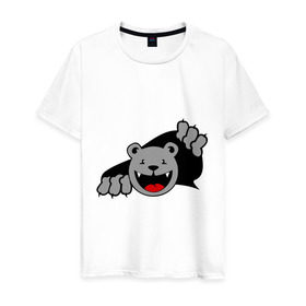 Мужская футболка хлопок с принтом Медведь вылезает из футболки в Кировске, 100% хлопок | прямой крой, круглый вырез горловины, длина до линии бедер, слегка спущенное плечо. | медведь | прикольные картинки