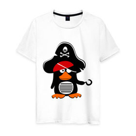 Мужская футболка хлопок с принтом Пингвин - тусовщик в Кировске, 100% хлопок | прямой крой, круглый вырез горловины, длина до линии бедер, слегка спущенное плечо. | Тематика изображения на принте: пингвин | пират