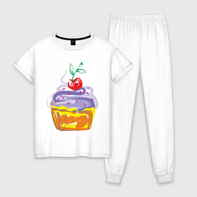 Женская пижама хлопок с принтом кексик в Кировске, 100% хлопок | брюки и футболка прямого кроя, без карманов, на брюках мягкая резинка на поясе и по низу штанин | вишенка | еда | кексик | пироженка | сладости | тортики