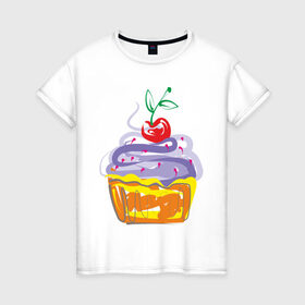 Женская футболка хлопок с принтом кексик в Кировске, 100% хлопок | прямой крой, круглый вырез горловины, длина до линии бедер, слегка спущенное плечо | вишенка | еда | кексик | пироженка | сладости | тортики