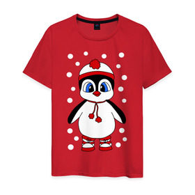 Мужская футболка хлопок с принтом Пингвин в снегу в Кировске, 100% хлопок | прямой крой, круглый вырез горловины, длина до линии бедер, слегка спущенное плечо. | пингвин