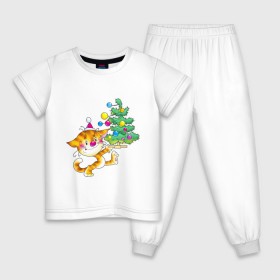 Детская пижама хлопок с принтом КОТЁНОК С ЁЛКОЙ в Кировске, 100% хлопок |  брюки и футболка прямого кроя, без карманов, на брюках мягкая резинка на поясе и по низу штанин
 | 