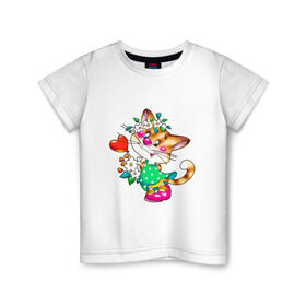 Детская футболка хлопок с принтом КИСКА С СЕРДЕЧКОМ в Кировске, 100% хлопок | круглый вырез горловины, полуприлегающий силуэт, длина до линии бедер | детское | детям | для детей | киса | котенок | кошка