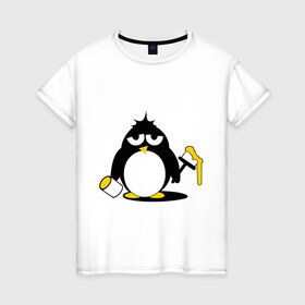 Женская футболка хлопок с принтом Пингвин красит в Кировске, 100% хлопок | прямой крой, круглый вырез горловины, длина до линии бедер, слегка спущенное плечо | 
